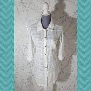 Donna White Sheer Checks Button Front Shirt Dress